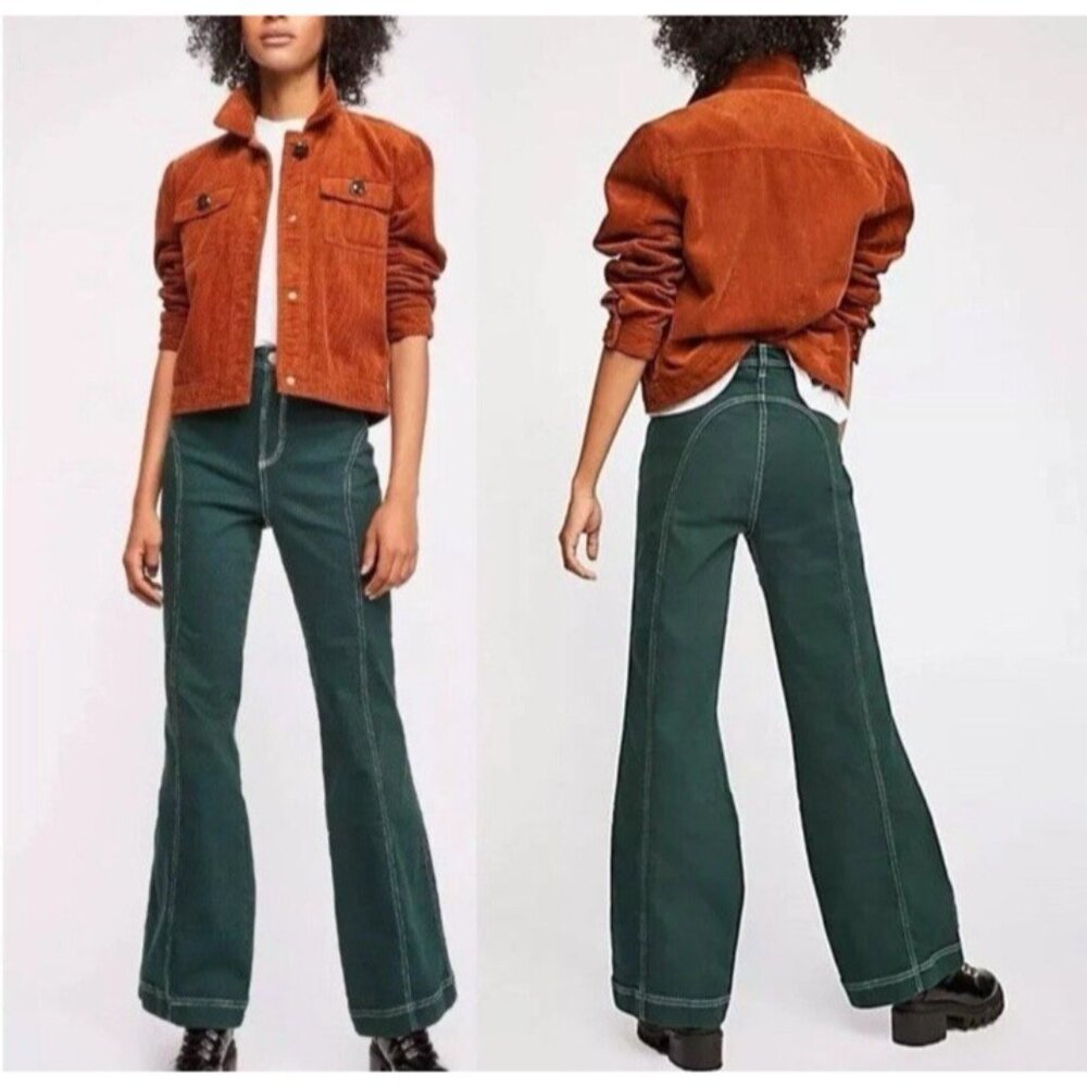 Free People Jeans Women 29R Green High Rise Foxy Flare Contrast Stitch Retro 70s
